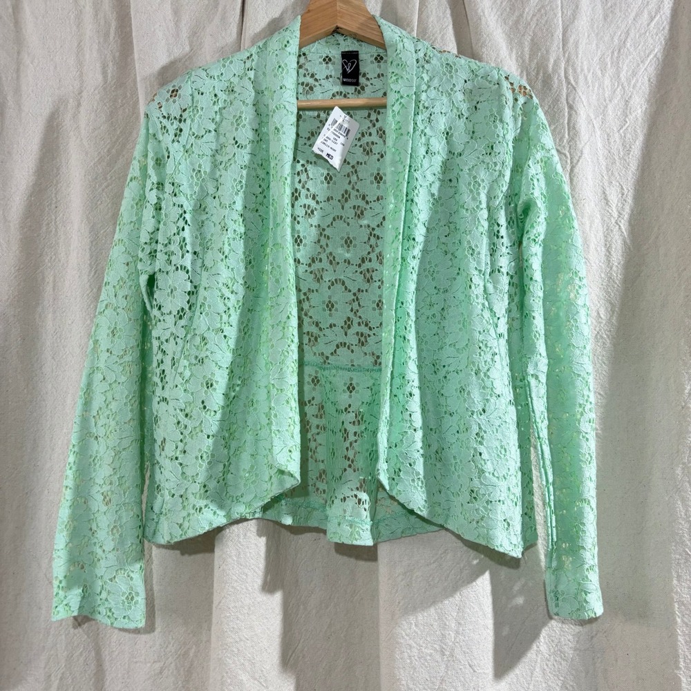 Windsor Mint Green Floral Romantic Breezy Lace Open Front Cardigan NWT Medium